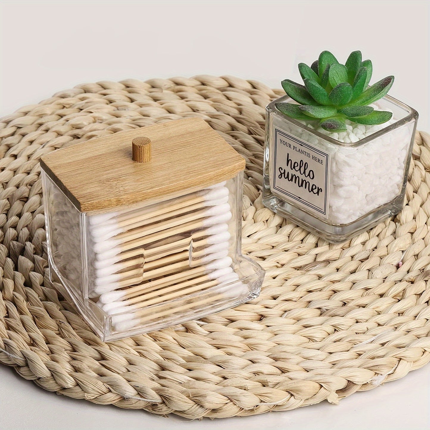 ✨ Porta Hisopos Acrílico 7oz con Tapa de Madera 🌿 – Organiza tu Baño 🛁 con Estilo, Ligero y Práctico, Perfecto para Hisopos & Pads