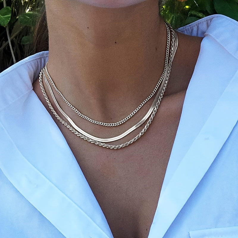 ✨ Set de 3 Collares para Mujer 💖 – Vintage & Clásico, Cadenas Snake y Rope, Accesorios en Capas, Perfectos para Look Fashion 🛍️