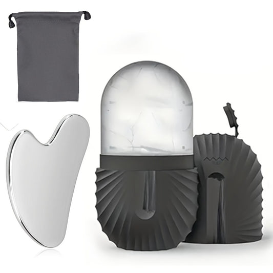 ❄️ Set Facial 2pcs – Rodillo de Hielo de Silicona + Gua Sha de Acero Inoxidable 🛁 Masaje Manual, Herramientas de Skincare y Belleza, Relajante y Cómodo