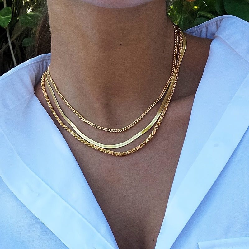 ✨ Set de 3 Collares para Mujer 💖 – Vintage & Clásico, Cadenas Snake y Rope, Accesorios en Capas, Perfectos para Look Fashion 🛍️