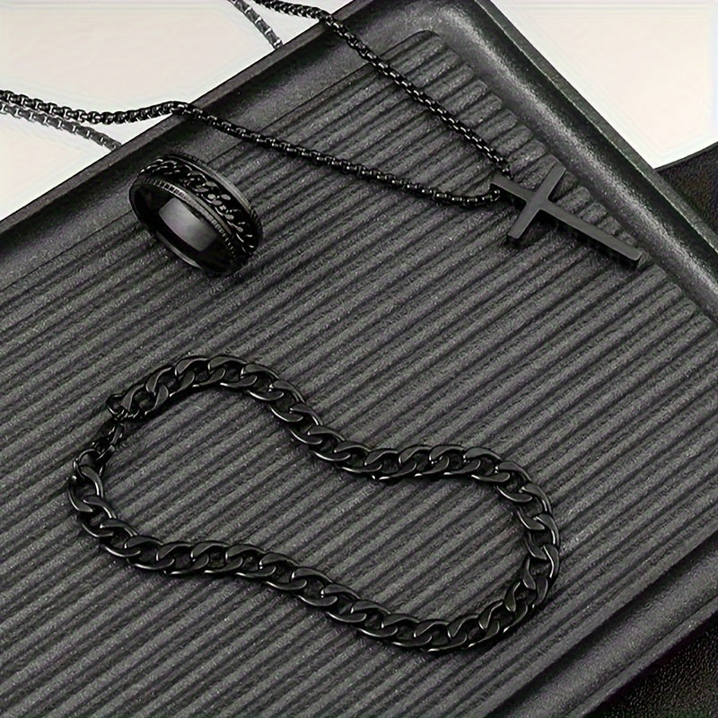 💎 Set de Joyería Masculina Vintage – Collar con Cruz de Acero Inoxidable + Anillo ✨ Accesorios de Moda y Regalo Especial 🎁